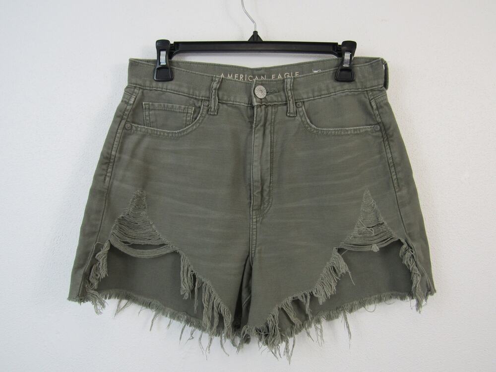 American Eagle US 6 Highest Rise Mom Shorts Olive Green Distressed Raw Hems